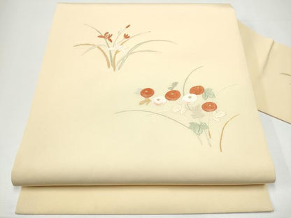 平和屋着物●塩瀬　九寸名古屋帯　総刺繍　草花文　金糸　正絹　逸品　CABG9158hy
