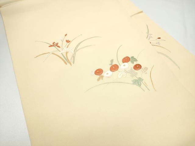 平和屋着物●塩瀬　九寸名古屋帯　総刺繍　草花文　金糸　正絹　逸品　CABG9158hy