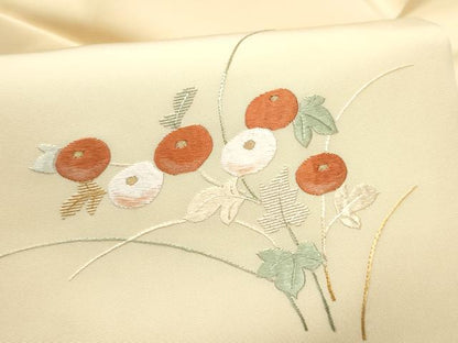 平和屋着物●塩瀬　九寸名古屋帯　総刺繍　草花文　金糸　正絹　逸品　CABG9158hy