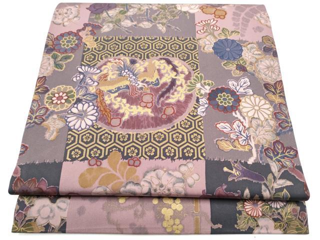 平和屋着物●塩瀬　九寸開き名古屋帯　市松花鳥文　金彩　正絹　逸品　CABG9161hy