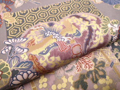 平和屋着物●塩瀬　九寸開き名古屋帯　市松花鳥文　金彩　正絹　逸品　CABG9161hy