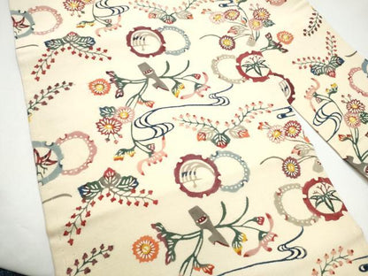 平和屋着物●九寸名古屋帯　紬地　型染め　雪輪花文　正絹　逸品　CABG9165hy