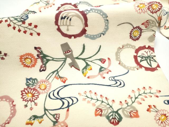 平和屋着物●九寸名古屋帯　紬地　型染め　雪輪花文　正絹　逸品　CABG9165hy