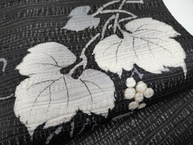 平和屋着物▽九寸名古屋帯　スリーシーズン　春夏秋　葡萄蔦の葉文　銀通し地　正絹　逸品　CABG9170hy