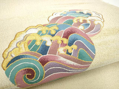 平和屋着物●爪掻き本綴れ　八寸名古屋帯　立波丸文　金銀糸　正絹　逸品　CABG9173hy