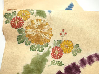 平和屋着物●九寸名古屋帯　駒刺繍　菊　金彩　鬼しぼ縮緬　正絹　逸品　CABG9176hy