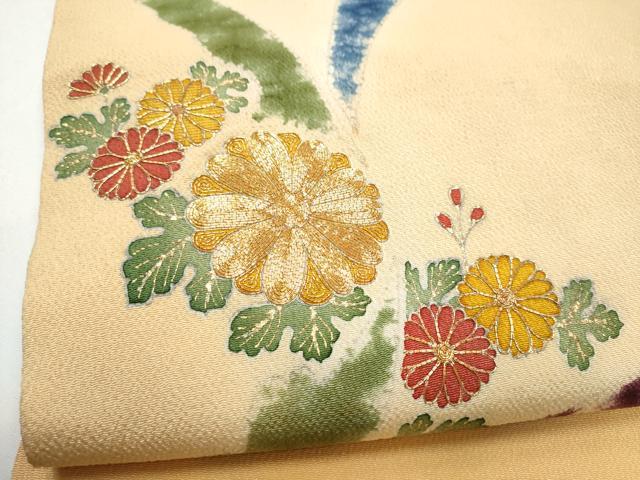 平和屋着物●九寸名古屋帯　駒刺繍　菊　金彩　鬼しぼ縮緬　正絹　逸品　CABG9176hy
