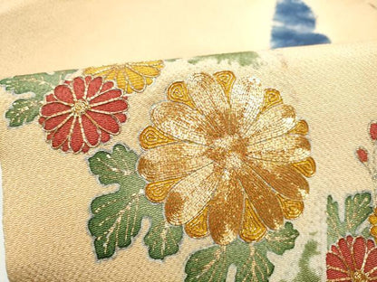 平和屋着物●九寸名古屋帯　駒刺繍　菊　金彩　鬼しぼ縮緬　正絹　逸品　CABG9176hy