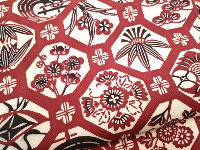 平和屋着物●塩瀬　全通柄　九寸名古屋帯　型染め　蜀江松竹梅　正絹　逸品　CABG9177hy