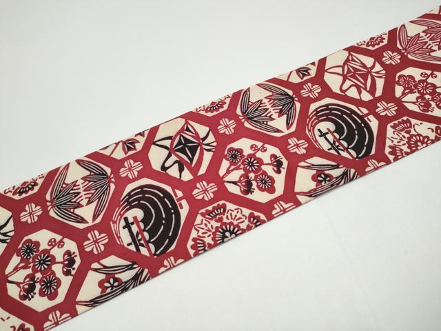 平和屋着物●塩瀬　全通柄　九寸名古屋帯　型染め　蜀江松竹梅　正絹　逸品　CABG9177hy