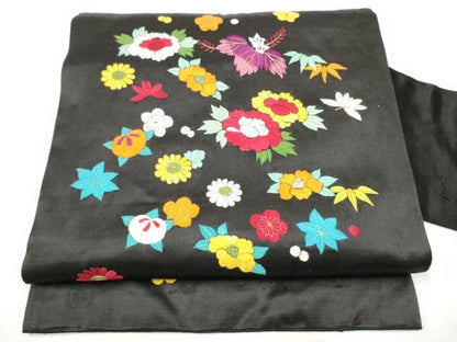 平和屋着物●アンティーク　大正ロマン　九寸名古屋帯　総手刺繍　草花文　黒地　金糸　正絹　逸品　CABG9179hy
