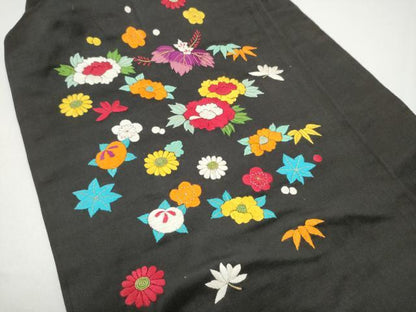 平和屋着物●アンティーク　大正ロマン　九寸名古屋帯　総手刺繍　草花文　黒地　金糸　正絹　逸品　CABG9179hy