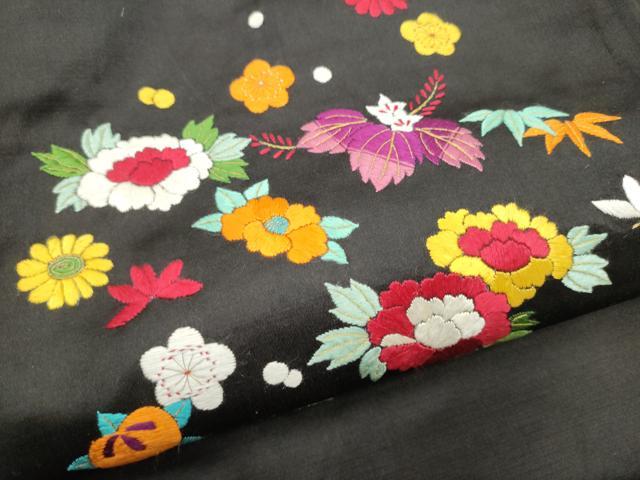 平和屋着物●アンティーク　大正ロマン　九寸名古屋帯　総手刺繍　草花文　黒地　金糸　正絹　逸品　CABG9179hy