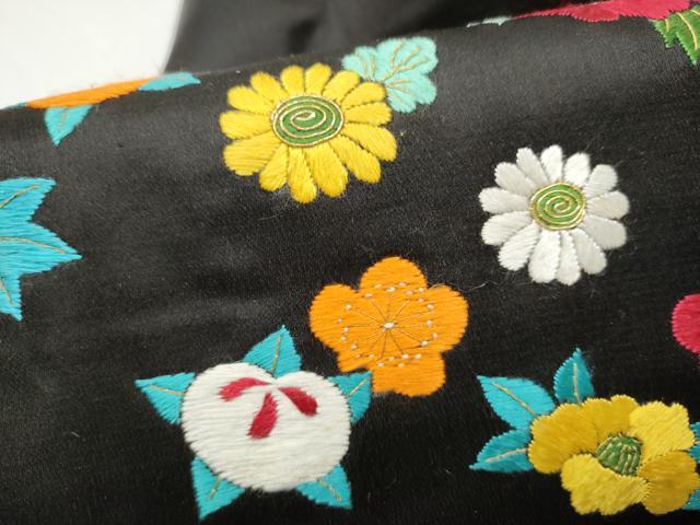 平和屋着物●アンティーク　大正ロマン　九寸名古屋帯　総手刺繍　草花文　黒地　金糸　正絹　逸品　CABG9179hy