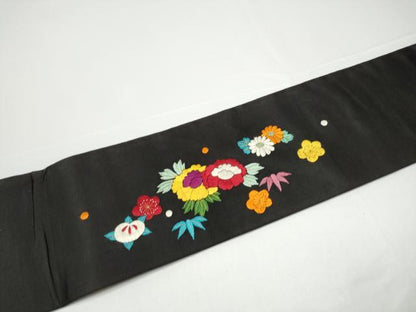 平和屋着物●アンティーク　大正ロマン　九寸名古屋帯　総手刺繍　草花文　黒地　金糸　正絹　逸品　CABG9179hy