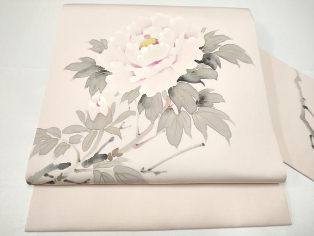 平和屋着物●染色作家　桐山紫香　手描き　塩瀬　九寸名古屋帯　牡丹　金彩　正絹　逸品　CABG9185hy