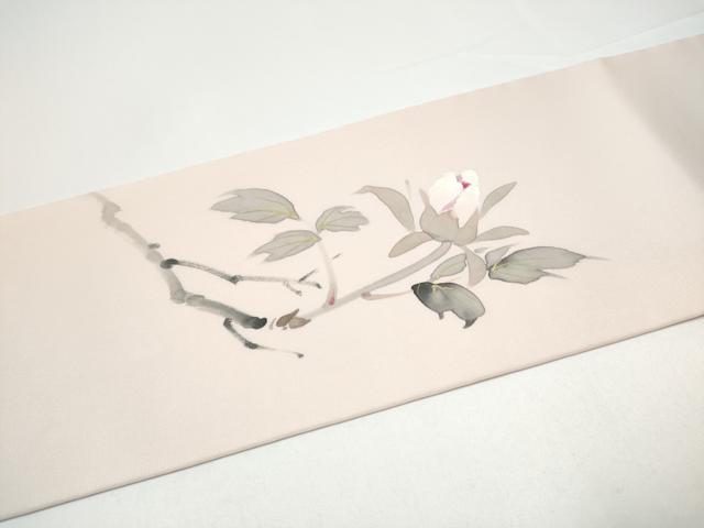 平和屋着物●染色作家　桐山紫香　手描き　塩瀬　九寸名古屋帯　牡丹　金彩　正絹　逸品　CABG9185hy