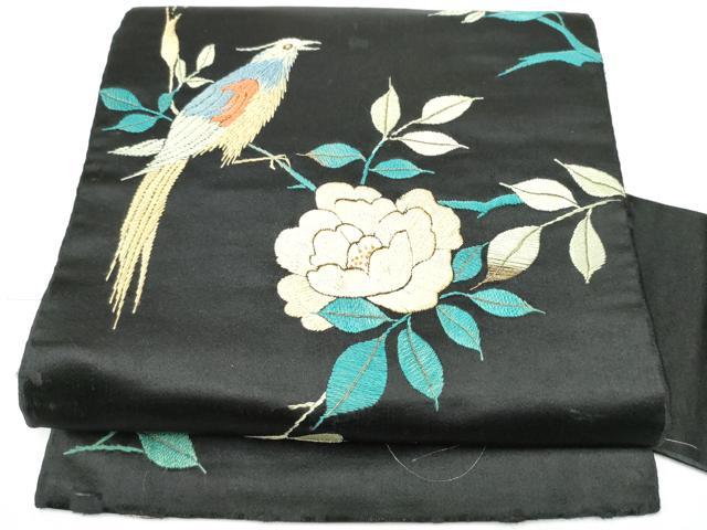 平和屋着物●アンティーク　大正ロマン　九寸名古屋帯　総手刺繍　休み鳥枝椿　黒地　金糸　正絹　逸品　CABG9186hy