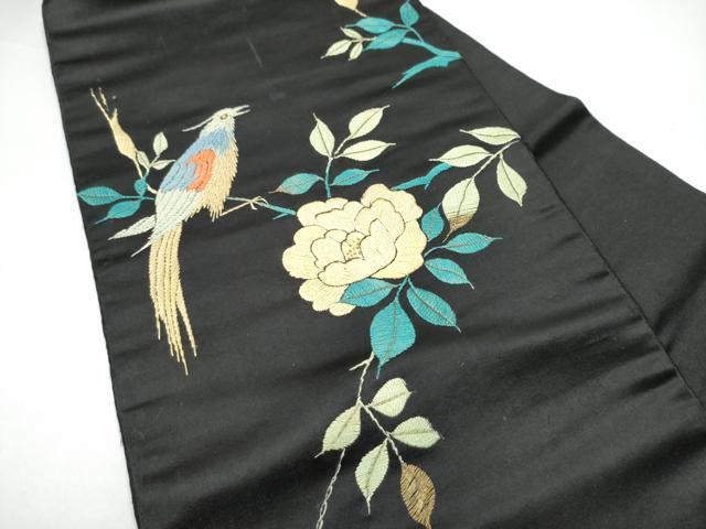 平和屋着物●アンティーク　大正ロマン　九寸名古屋帯　総手刺繍　休み鳥枝椿　黒地　金糸　正絹　逸品　CABG9186hy