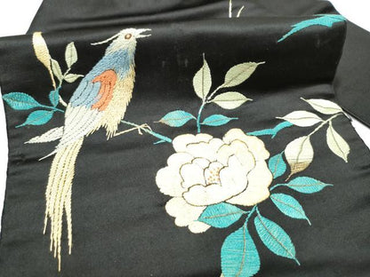 平和屋着物●アンティーク　大正ロマン　九寸名古屋帯　総手刺繍　休み鳥枝椿　黒地　金糸　正絹　逸品　CABG9186hy