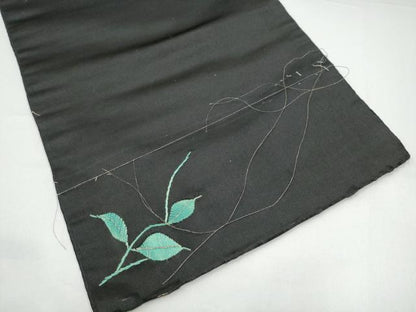 平和屋着物●アンティーク　大正ロマン　九寸名古屋帯　総手刺繍　休み鳥枝椿　黒地　金糸　正絹　逸品　CABG9186hy