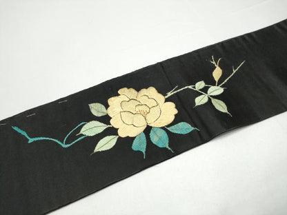 平和屋着物●アンティーク　大正ロマン　九寸名古屋帯　総手刺繍　休み鳥枝椿　黒地　金糸　正絹　逸品　CABG9186hy