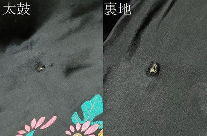 平和屋着物●アンティーク　大正ロマン　九寸名古屋帯　総手刺繍　草花文　黒地　金糸　正絹　逸品　CABG9190hy