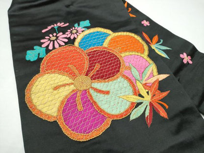 平和屋着物●アンティーク　大正ロマン　九寸名古屋帯　総手刺繍　草花文　黒地　金糸　正絹　逸品　CABG9190hy