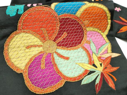 平和屋着物●アンティーク　大正ロマン　九寸名古屋帯　総手刺繍　草花文　黒地　金糸　正絹　逸品　CABG9190hy