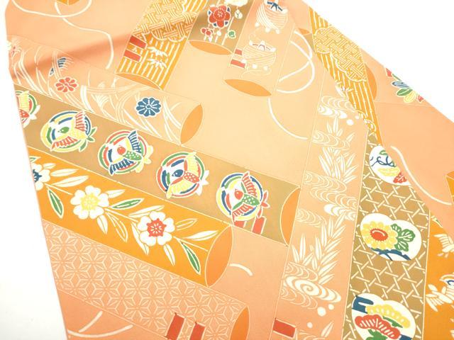 平和屋着物●塩瀬　九寸名古屋帯　型染め　花鳥文　正絹　逸品　CABG9192hy