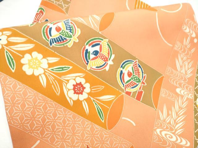 平和屋着物●塩瀬　九寸名古屋帯　型染め　花鳥文　正絹　逸品　CABG9192hy