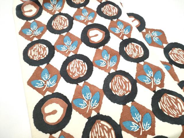 平和屋着物●九寸名古屋帯　紬地　型染め　幾何学枝葉文　正絹　逸品　CABG9195hy