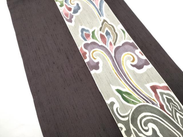 平和屋着物●九寸開き名古屋帯　紬地　型染め　唐草文　正絹　逸品　CABG9197hy
