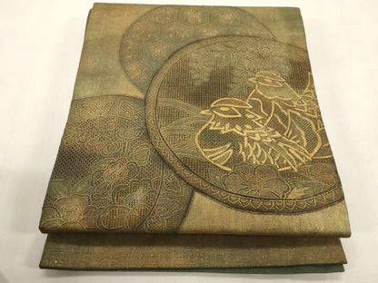 平和屋着物●中国三大刺繍　スワトウ刺繍　太鼓柄袋帯　紬地　花鳥丸文　金彩　引箔　正絹　逸品　CABG9204dy