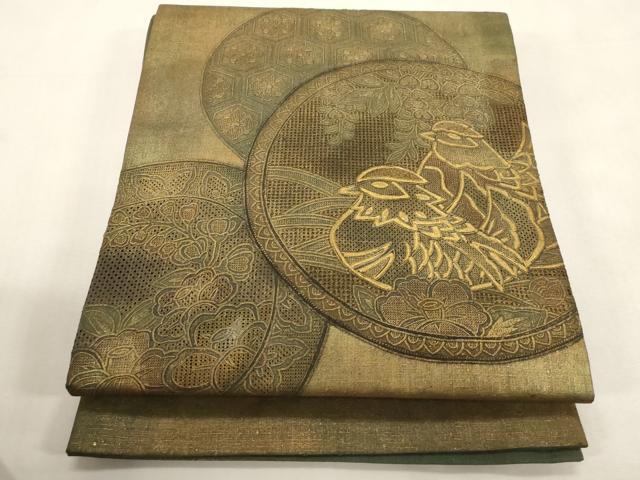 平和屋着物●中国三大刺繍　スワトウ刺繍　太鼓柄袋帯　紬地　花鳥丸文　金彩　引箔　正絹　逸品　CABG9204dy