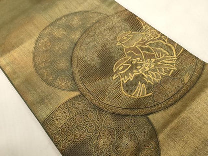 平和屋着物●中国三大刺繍　スワトウ刺繍　太鼓柄袋帯　紬地　花鳥丸文　金彩　引箔　正絹　逸品　CABG9204dy