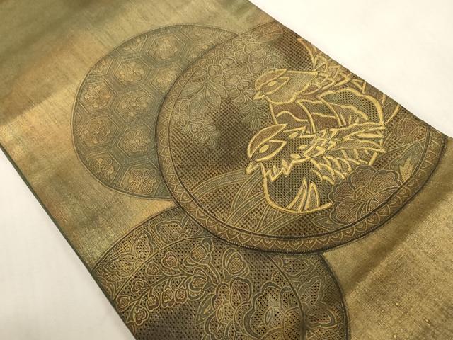 平和屋着物●中国三大刺繍　スワトウ刺繍　太鼓柄袋帯　紬地　花鳥丸文　金彩　引箔　正絹　逸品　CABG9204dy