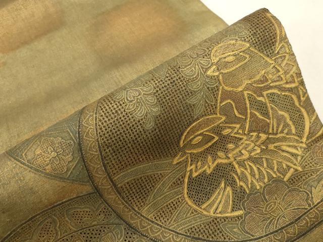 平和屋着物●中国三大刺繍　スワトウ刺繍　太鼓柄袋帯　紬地　花鳥丸文　金彩　引箔　正絹　逸品　CABG9204dy