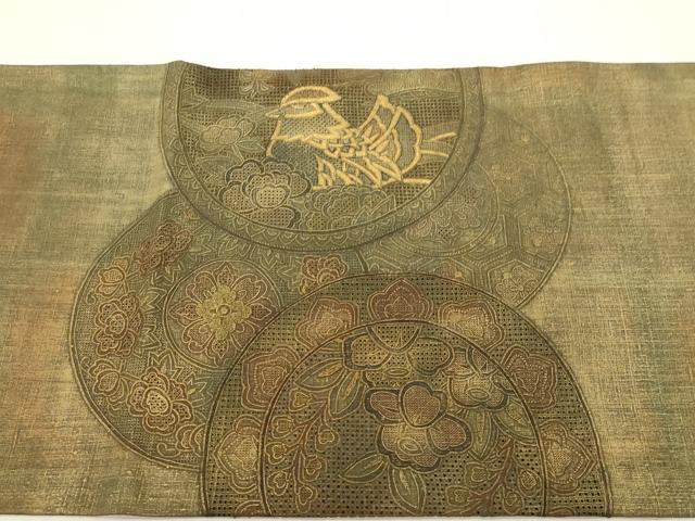 平和屋着物●中国三大刺繍　スワトウ刺繍　太鼓柄袋帯　紬地　花鳥丸文　金彩　引箔　正絹　逸品　CABG9204dy