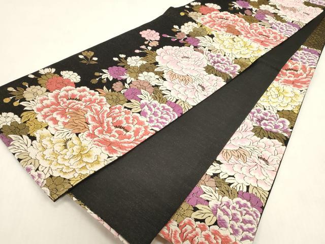 平和屋着物●六通柄袋帯　草花文　黒地　金糸　正絹　逸品　CABG9226dy