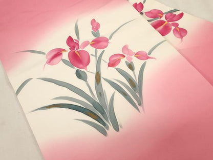 平和屋着物●塩瀬　九寸名古屋帯　手描き　アヤメ　金彩　正絹　逸品　CABG9233dy
