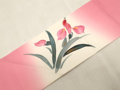 平和屋着物●塩瀬　九寸名古屋帯　手描き　アヤメ　金彩　正絹　逸品　CABG9233dy