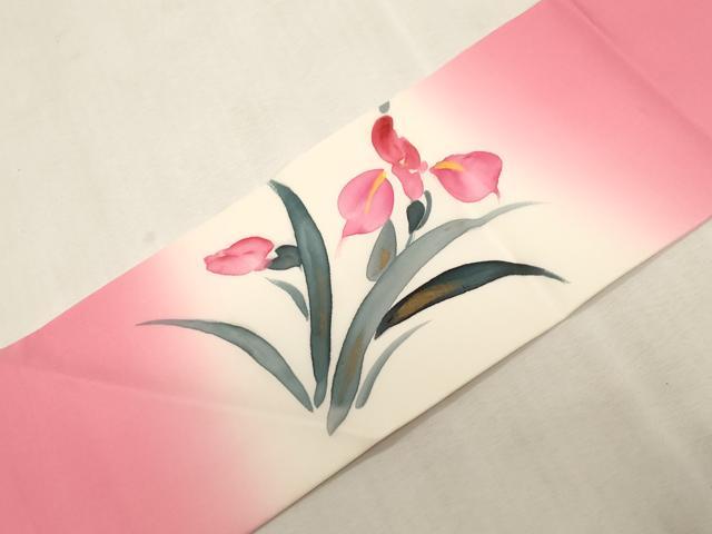 平和屋着物●塩瀬　九寸名古屋帯　手描き　アヤメ　金彩　正絹　逸品　CABG9233dy