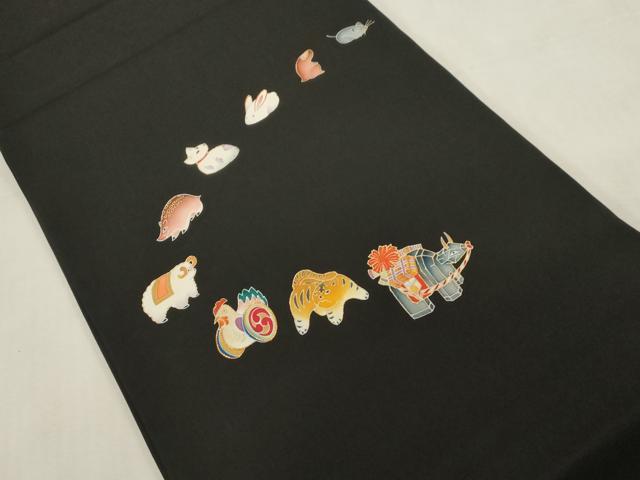 平和屋着物●塩瀬　九寸開き名古屋帯　駒刺繍　干支　黒地　金彩　正絹　逸品　CABG9235dy