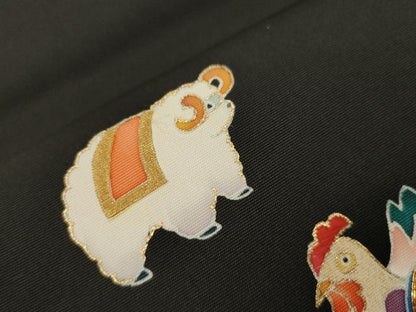 平和屋着物●塩瀬　九寸開き名古屋帯　駒刺繍　干支　黒地　金彩　正絹　逸品　CABG9235dy