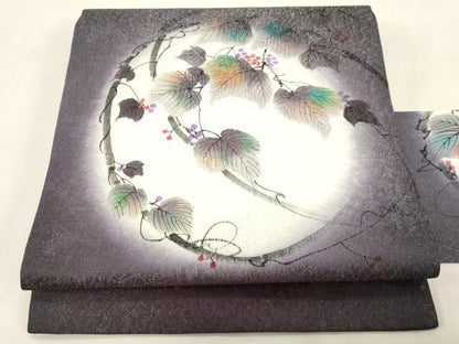 平和屋着物●九寸名古屋帯　手描き　蔦の葉文　銀通し地　正絹　逸品　CABG9242dy
