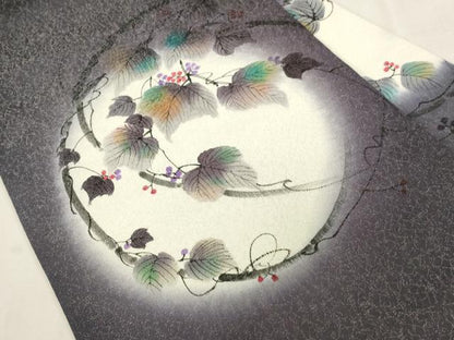 平和屋着物●九寸名古屋帯　手描き　蔦の葉文　銀通し地　正絹　逸品　CABG9242dy