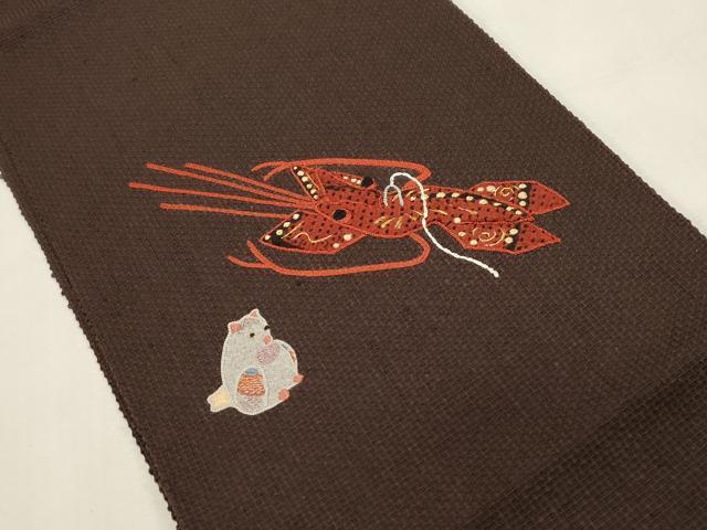 平和屋着物●八寸名古屋帯　海老　動物文　金糸　正絹　逸品　CABG9243dy
