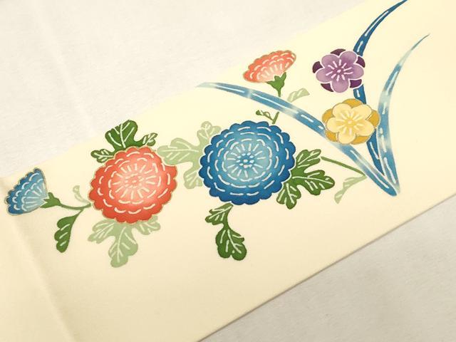 平和屋着物●塩瀬　つけ帯　型染め　草花文　金彩　正絹　逸品　CABG9285dy