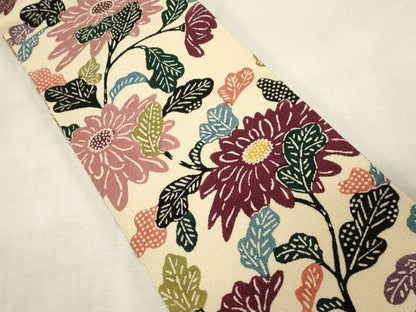平和屋着物●半幅帯　型染め　草花文　鬼しぼ縮緬　正絹　逸品　CABG9317dy